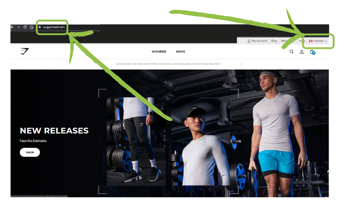 Gymsharks customized page for Canadians- Shopify Plus benefits