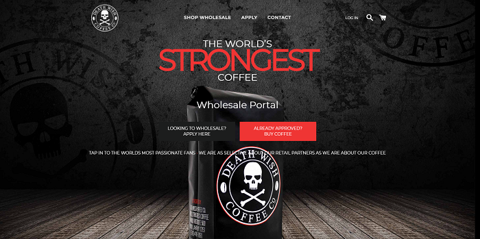 Death wish wholesale store landing page- Shopify Plus features