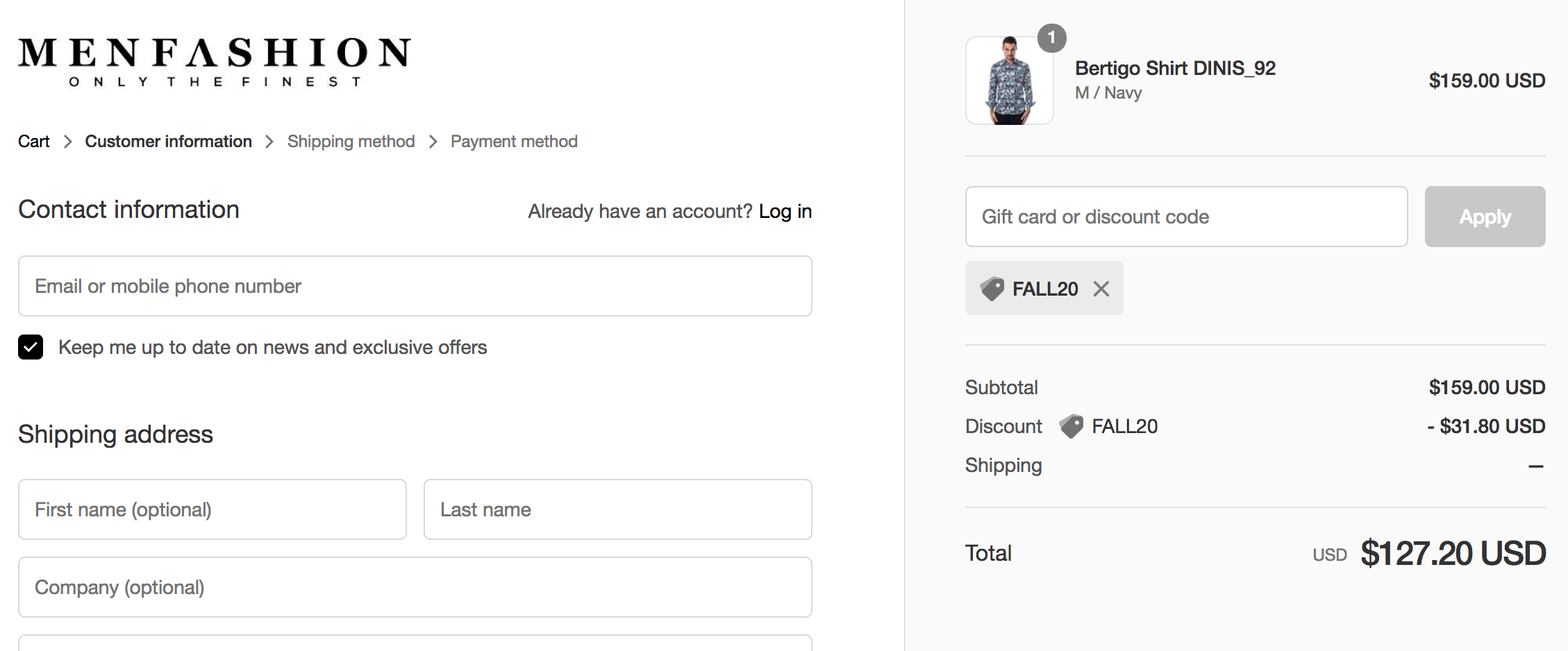  screenshot of the checkout page for menfashion’s online store- Shopify Plus benefits- shopify vs shopify plus